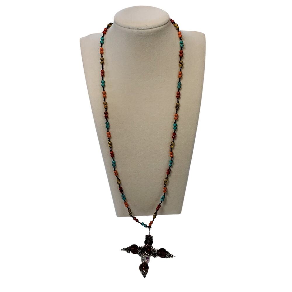 Handmade AB Crystal Beaded Cross Rosary Necklace 22"